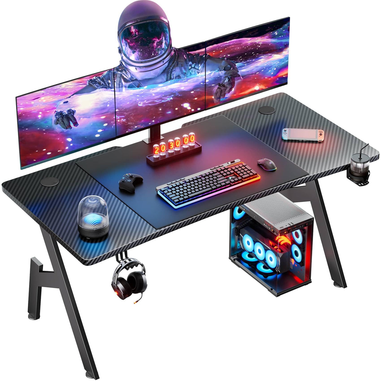 55 Inch Gaming Desk with Carbon Fibre Surface Large Computer Desk Gaming Table Ergonomic Pc Gaming Workstation Home Office Desks