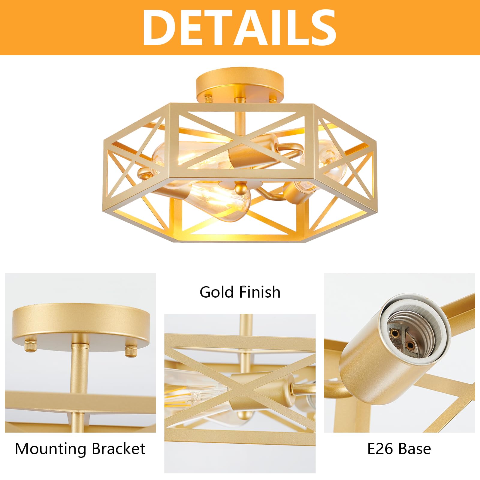 Modern Gold Flush Mount Light Fixture, 3 Light Hallway Light Fixtures
