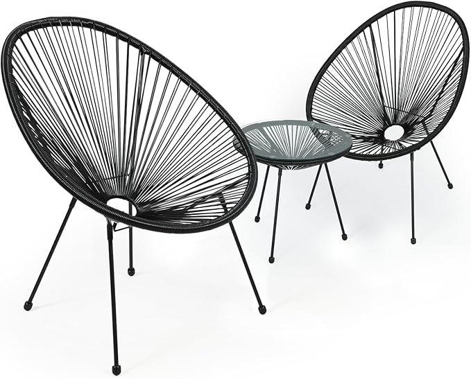 Outdoor Acapulco Chair Set 3-Piece with Glass Top Table, Lightweight All-Weather Woven