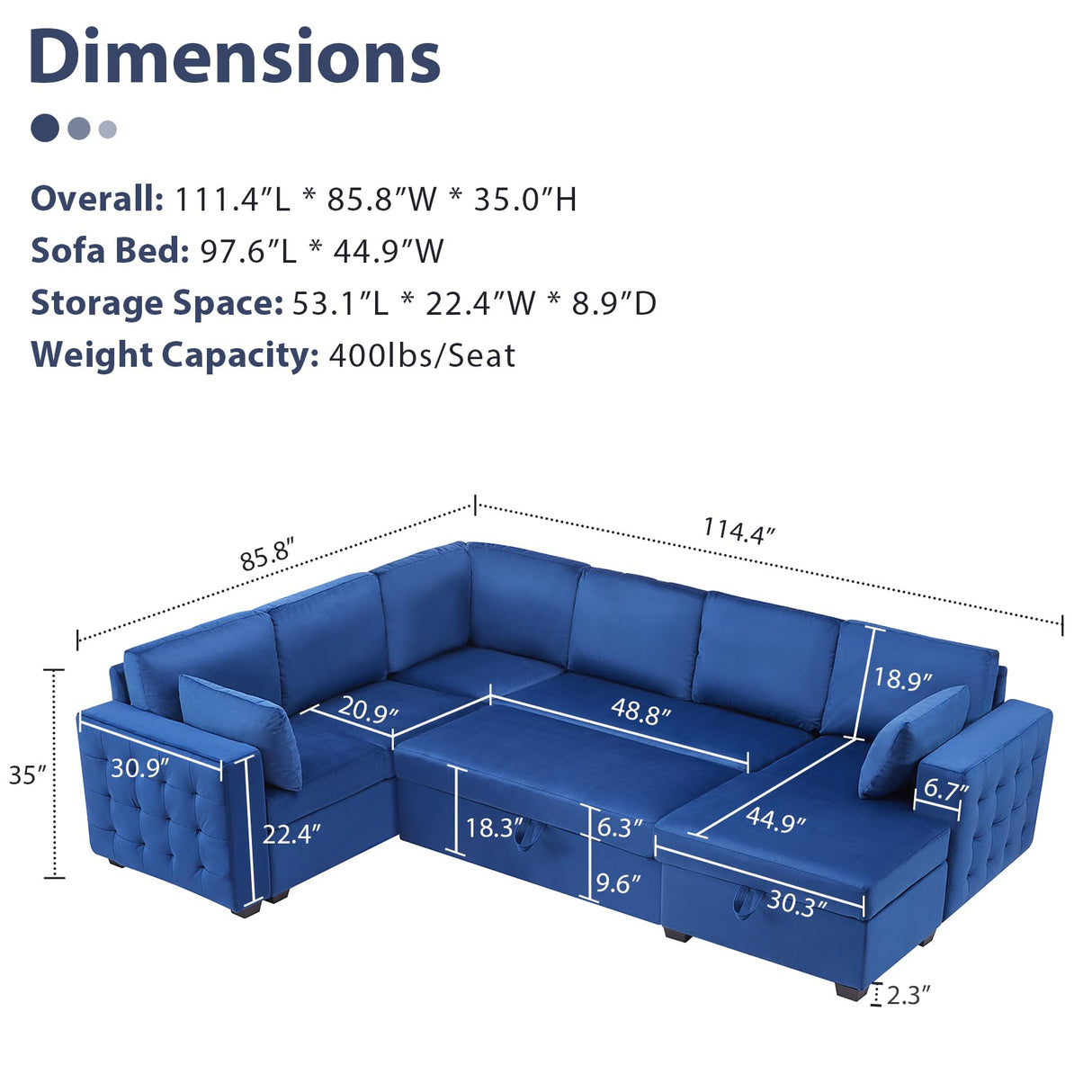 mestyl Convertible Pull Out Sleeper Sofa Bed with Storage Chaise, Oversized U Shaped Sectional Couch Bed with 2 Pillows, Comfy Large L Shaped Pullout Couches Bed for Living Room, Velvet, Blue, MT002