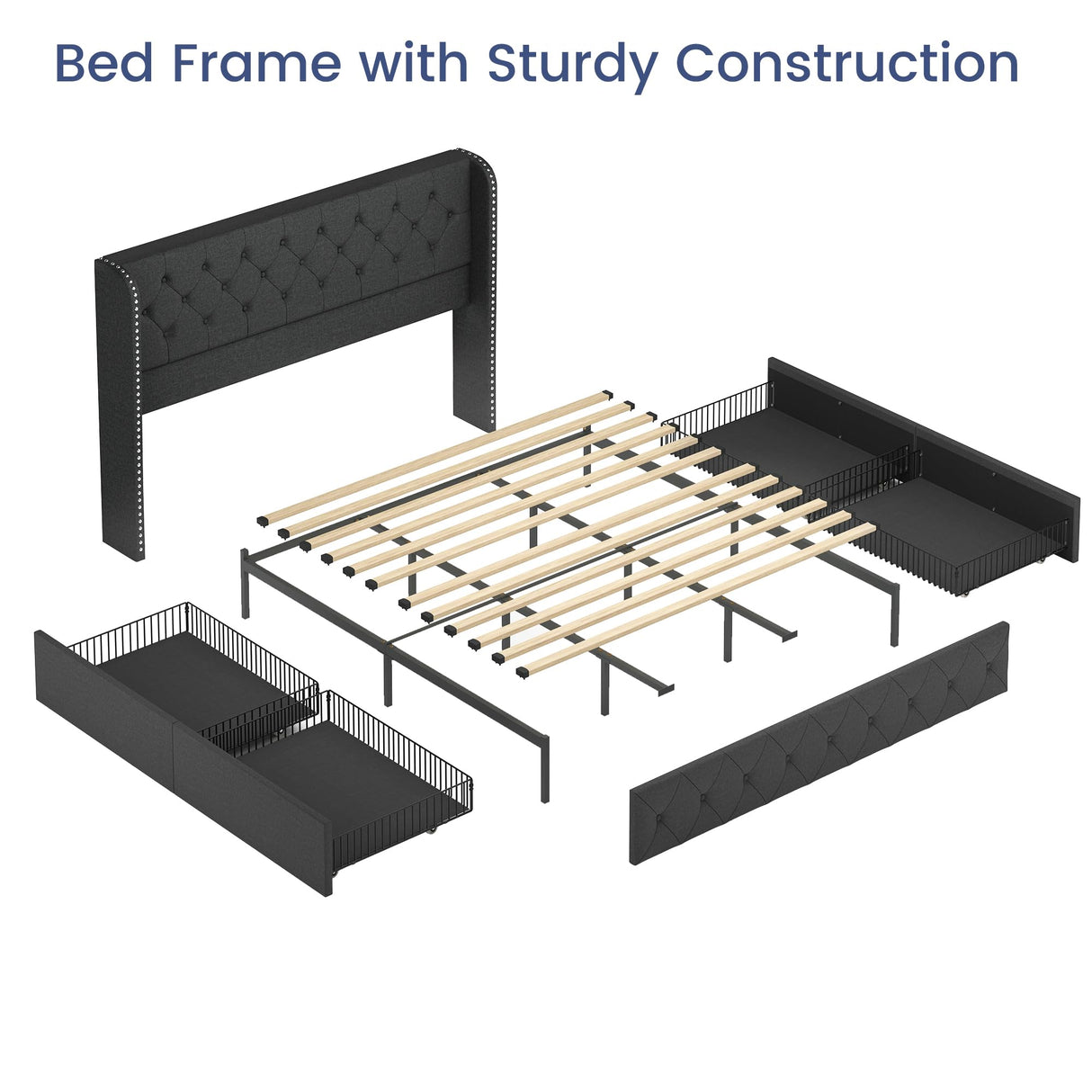 Bed Frame King Size Upholstered Platform Bed with Storage Drawers and Tufted Headboard