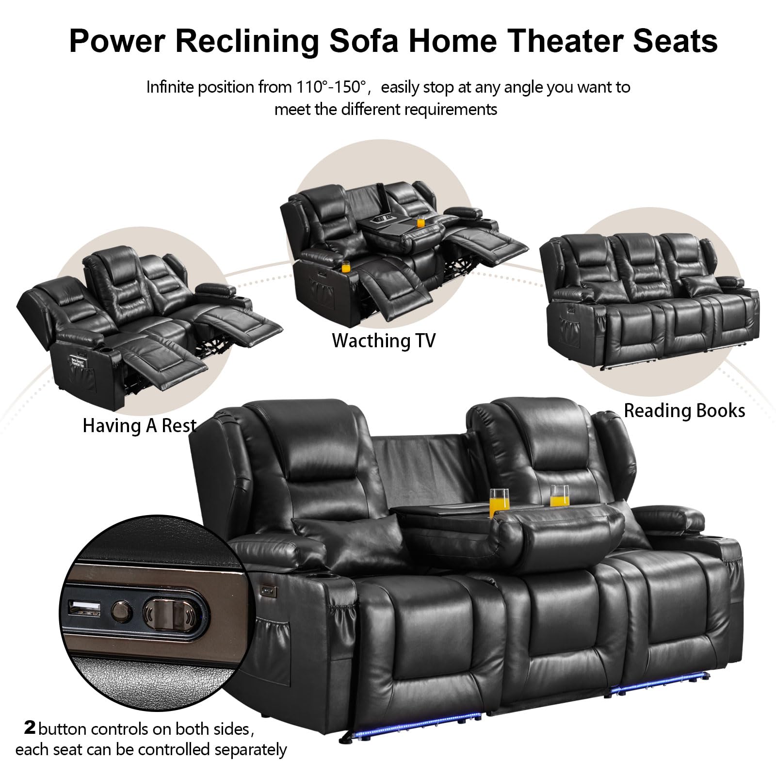 3 Seater Recliner Sofa Power Reclining Sofa with Console Wall Hugger Recliners