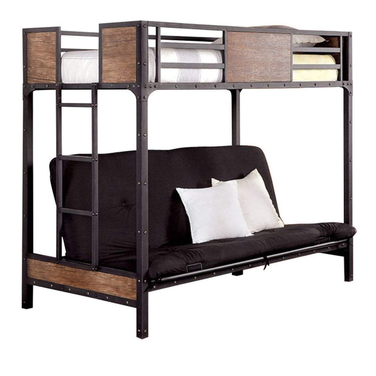 Wooden and Metal Twin Bunk Bed with Rail Guard, Black and Brown,