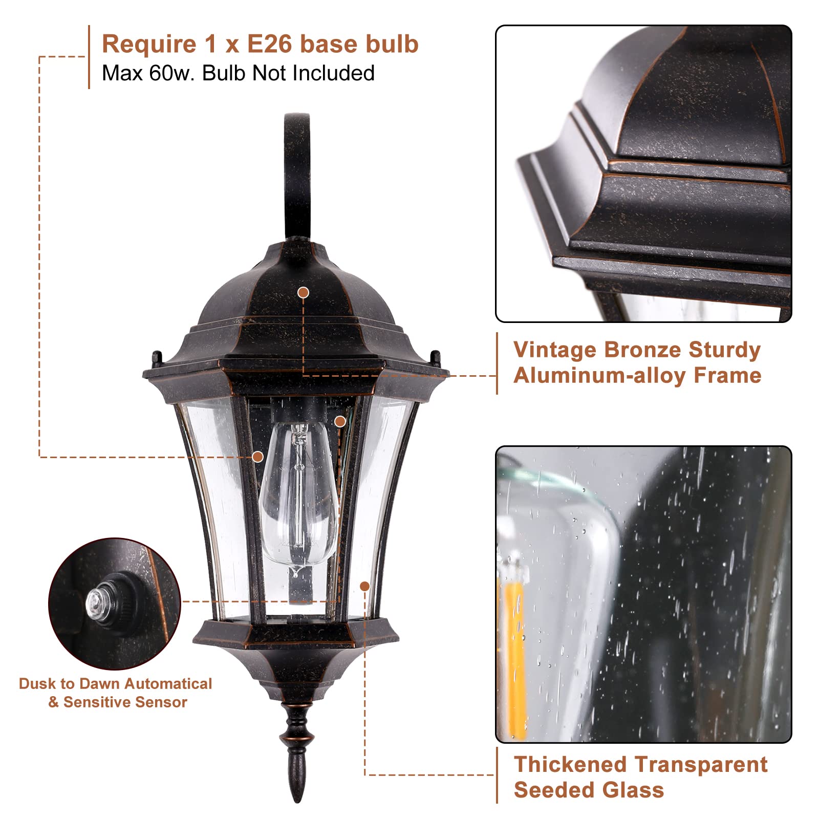 GOALPLUS Dusk to Dawn Outdoor Wall Light Fixture 18” High Antique Bronze Porch Light with Wall Mount, Vintage Waterproof Wall Sconce with Clear Seeded Glass, 1 Pack, LMMS3601-DNS