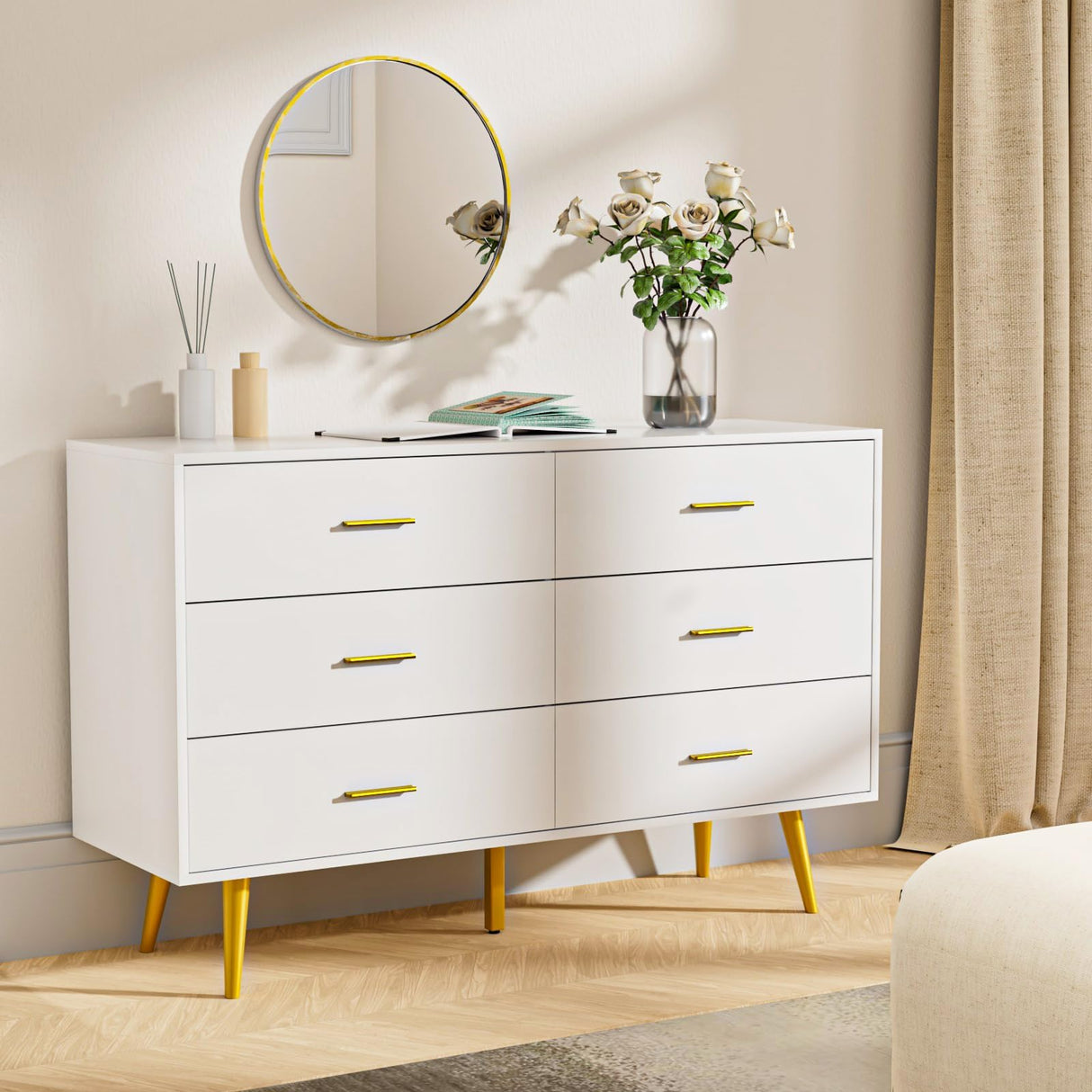 White Dresser for Bedroom, 6 Drawer Dresser with Wide Drawers and Gold Metal Handles