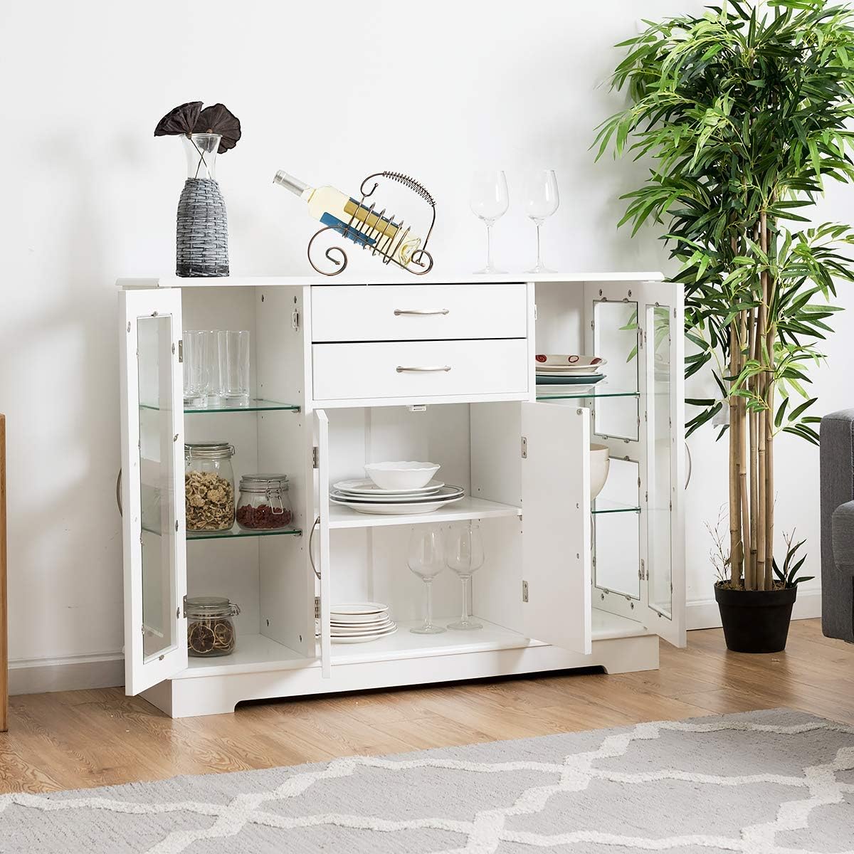 Sideboard Buffet Server Storage Cabinet W/ 2 Drawers, 3 Cabinets and Glass Doors