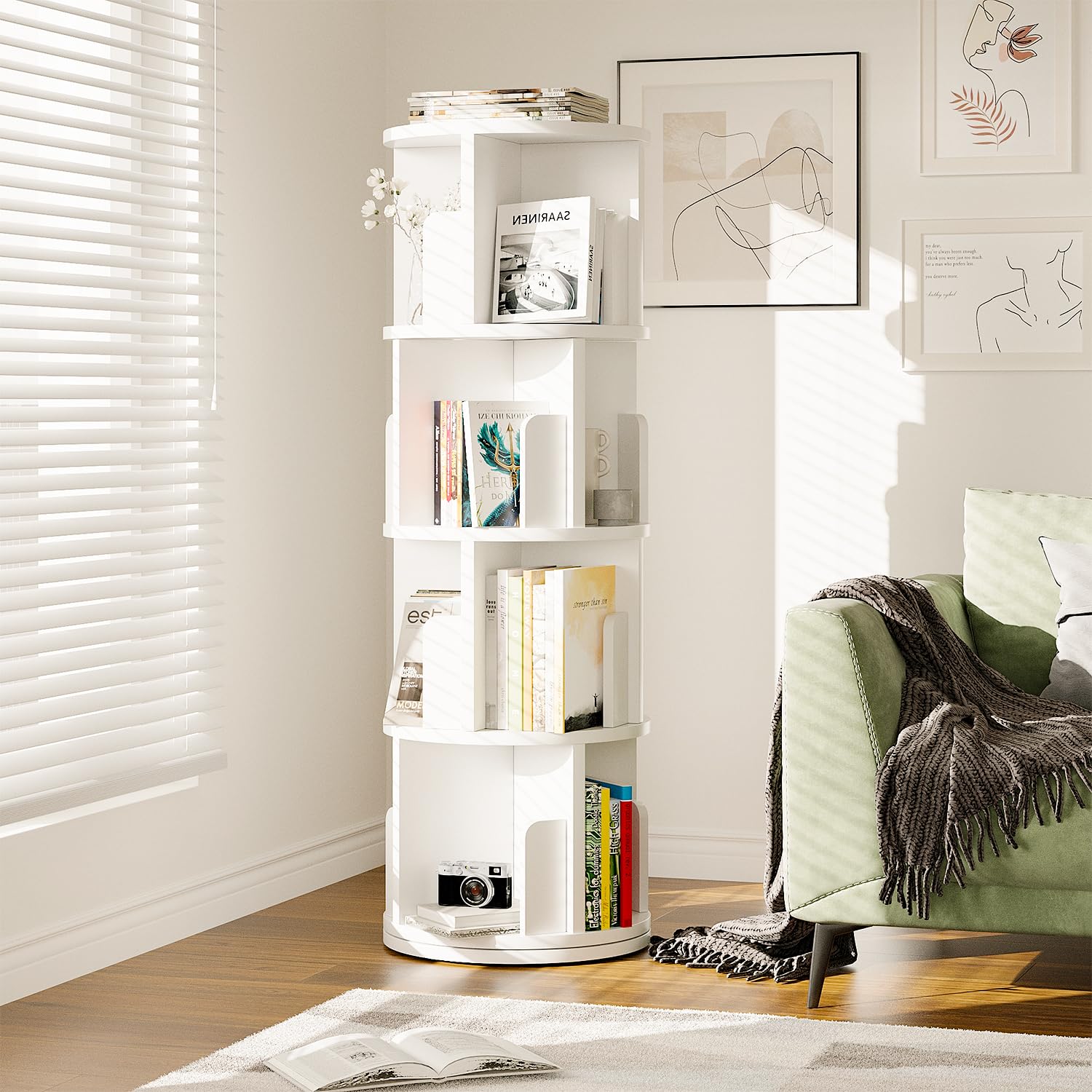 360° Rotating Bookcase, 4 Tier Small Corner Bookcase with a Footprint, Free Standing Bookshelf