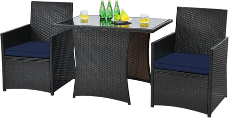 3-Piece Outdoor Wicker Bistro Set PE Rattan Dining Table Set with Cushioned Chairs