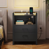 Nightstand with LED Lights and Charging Station, End Side Table with 2 Drawers and