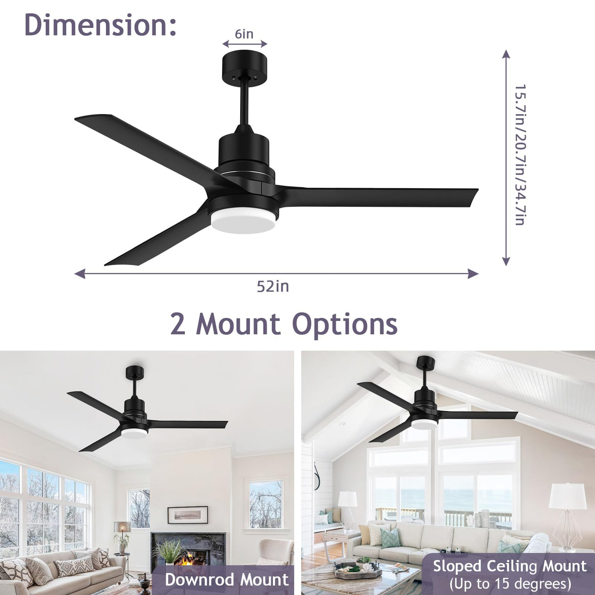 Ceiling Fans with Lights and Remote, 52 Inch Black Ceiling Fan with Remote 6 Speed