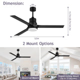 Ceiling Fans with Lights and Remote, 52 Inch Black Ceiling Fan with Remote 6 Speed