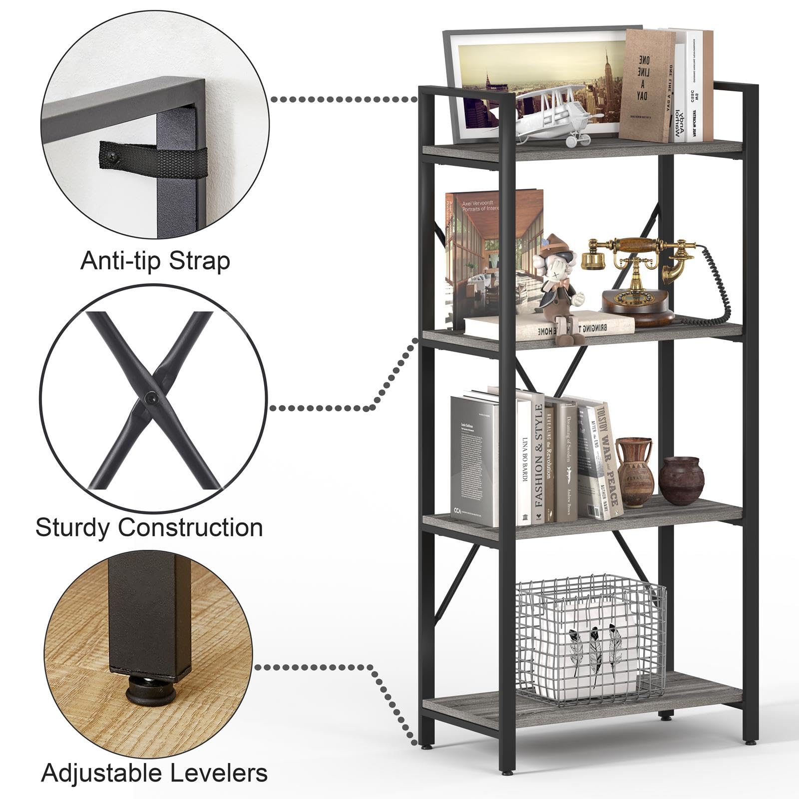 BON AUGURE Industrial 4 Tier Bookshelf, Modern Open Etagere Bookcase, Wood Metal Book Shelves for Living Room, Bedroom and Office (Dark Gray Oak)