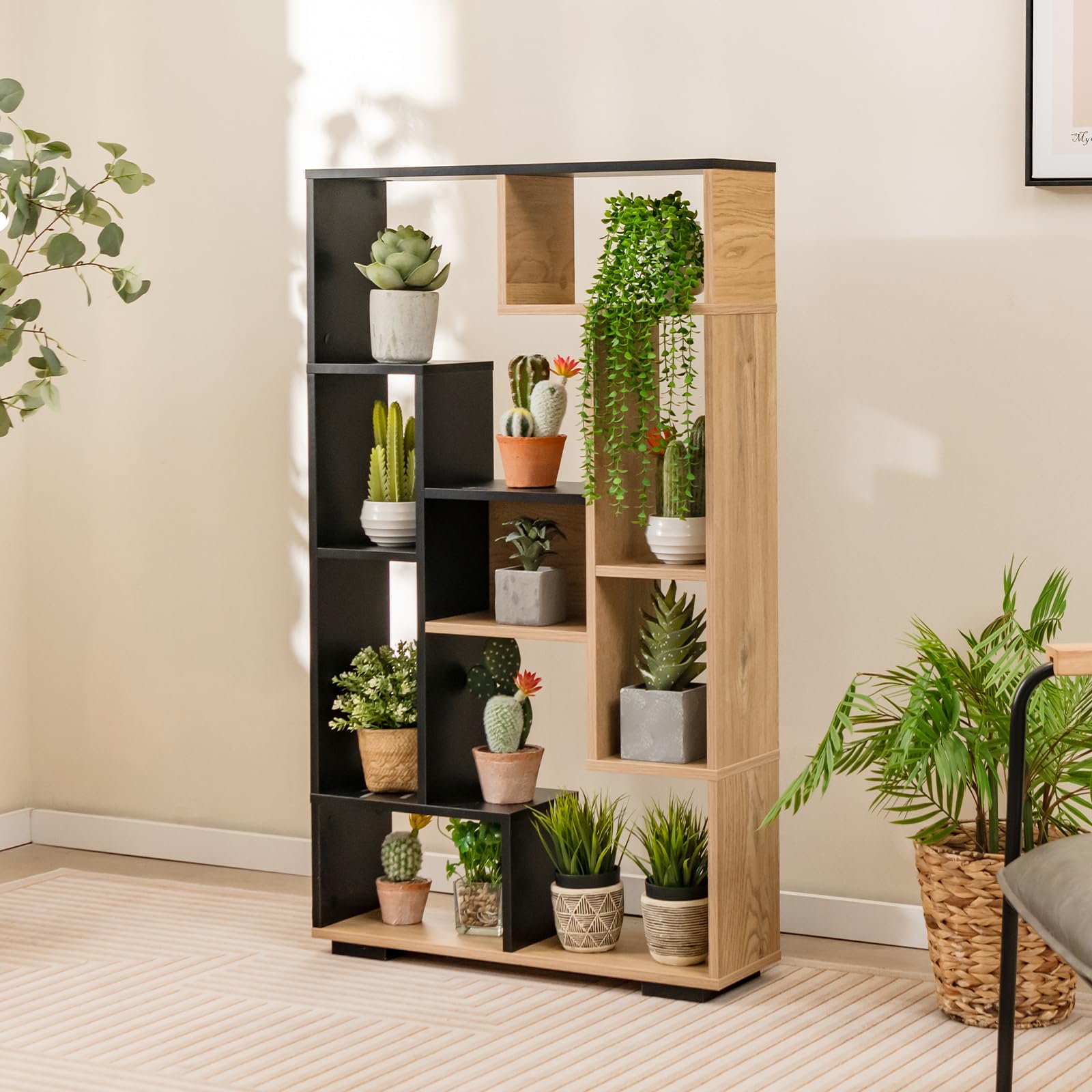 47-Inch Bookshelf, Modern Wooden Geometric Bookcase with Open Shelves, Anti-Tipping Kits, Wood Book Case Shelf, Open Cube Storage Organizer Display Rack for Living Room
