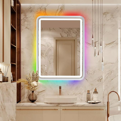 32x40'' LED Bathroom Mirror for Wall, Rounded Lighted Bathroom Mirror RGB Backlit and Frontlit