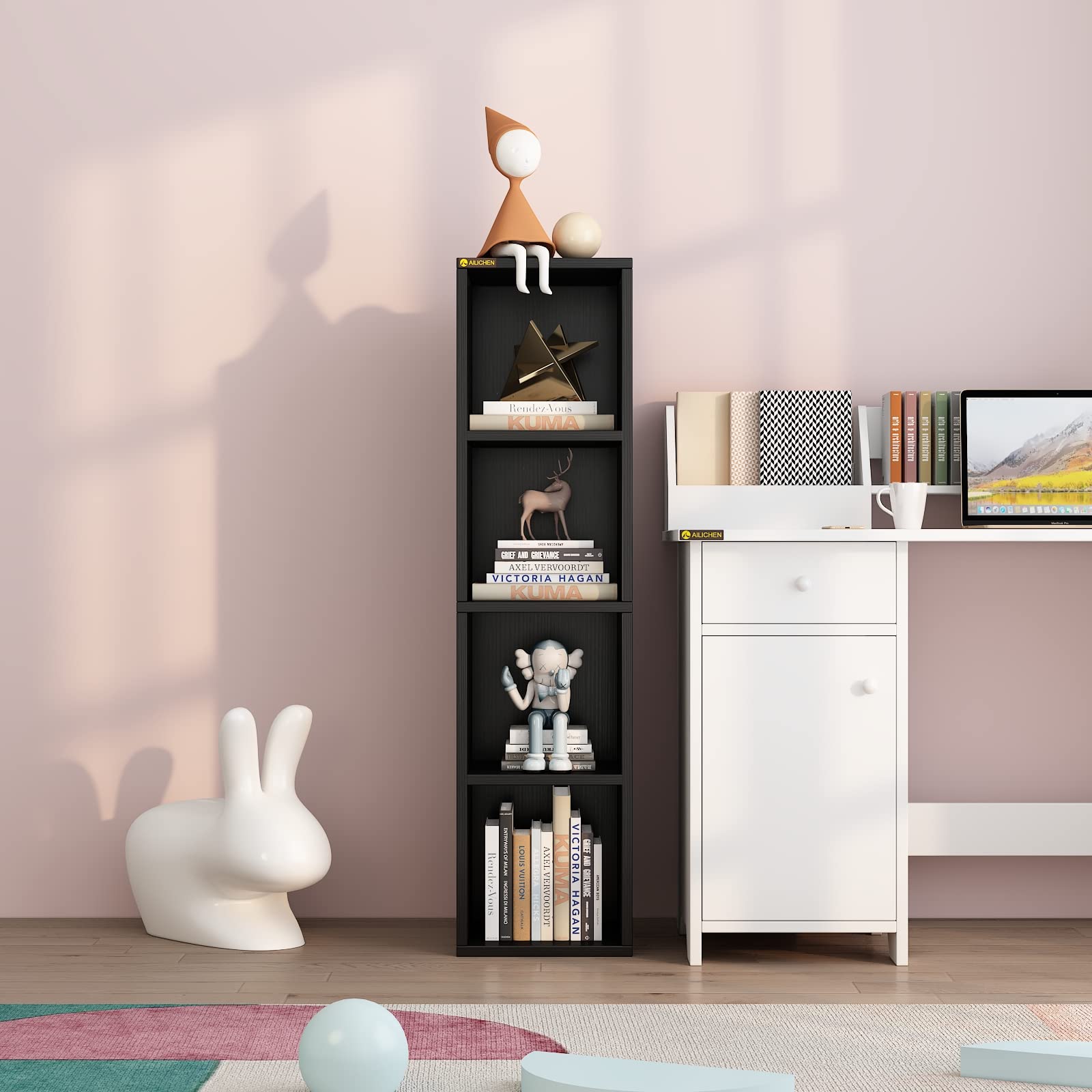 4 Cube Small Bookshelf, Narrow Storage Organizer Shelf, Wooden Corner Bookcase,