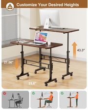Small Standing Desk Adjustable Height, Mobile Stand up Desks with Wheels, 32 Inch Portable Rolling Small Computer Desks, Portable Laptop Desk Wood Rustic