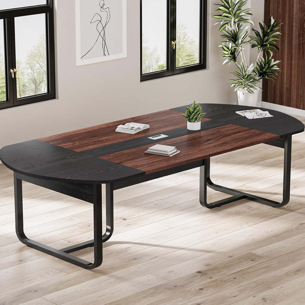 Conference Table for 10 People, Large Boat Shaped Meeting Table with Cable Grommet