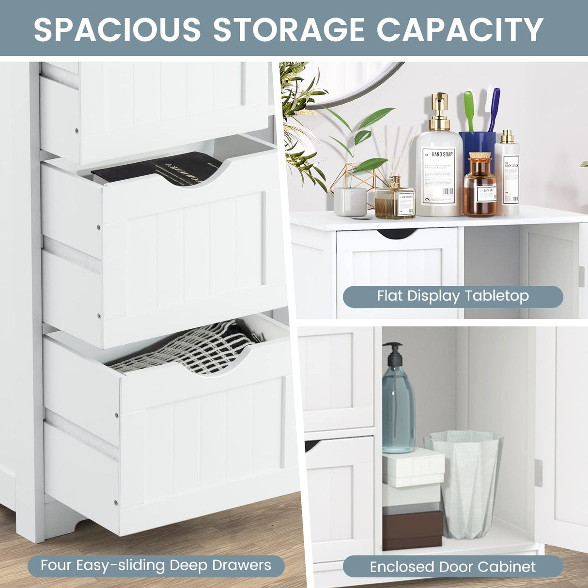 Bathroom Storage Cabinet, Wooden Storage Cupboard Organizer with 4 Drawers