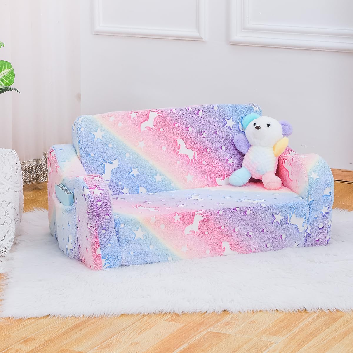 SUFUS Baby Toddler Sofa Couch for Kids Extra Wide 2-in-1 Toddler Kids Fold Out Couch Bed for Playroom, Pull Out Children Convertible Sofa to Lounger for Boys & Girls with Double Pockets, Pink Horse