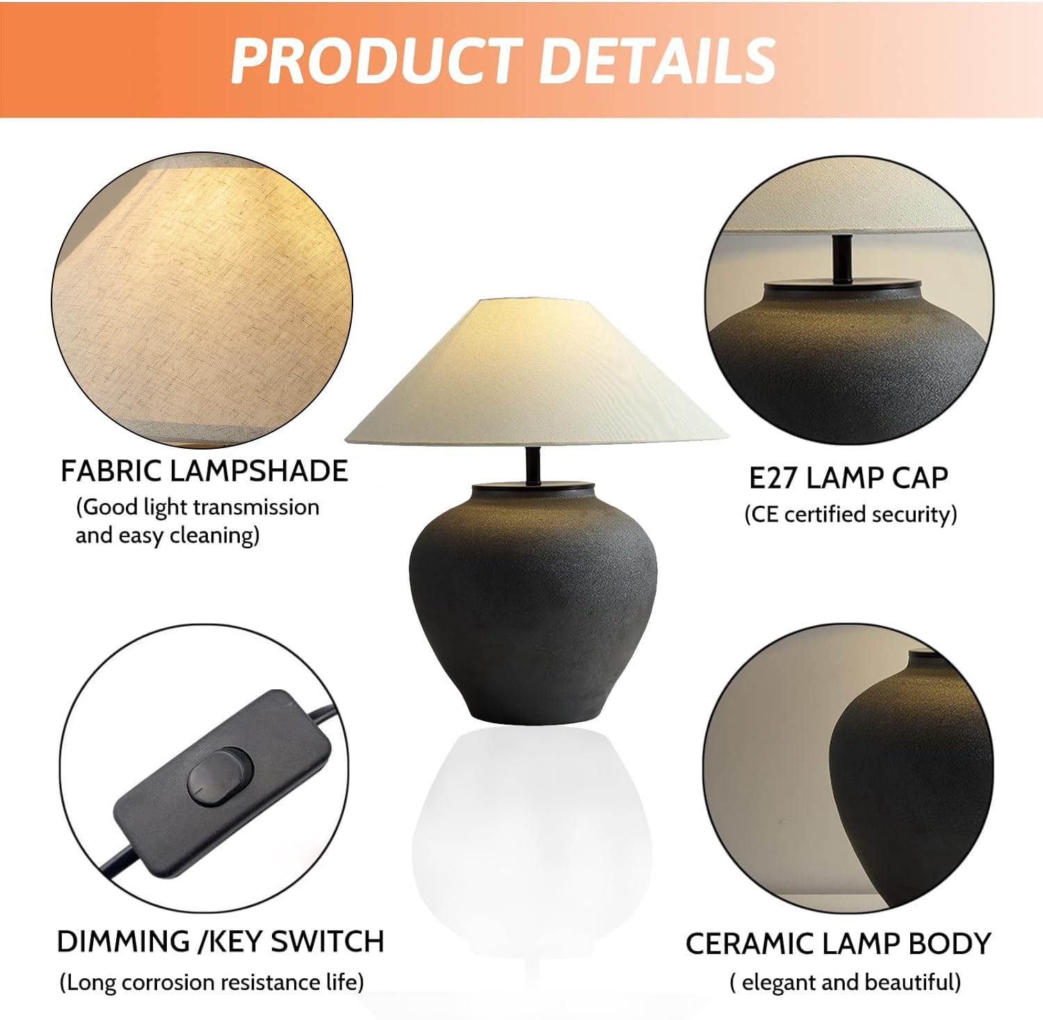 Farmhouse Ceramic Table Lamp 18.8" Black