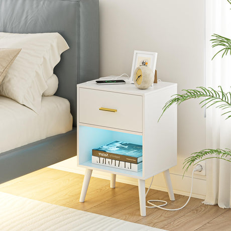 Nightstand with Charging Station and LED Lights, Small Side Table, Bedside Table