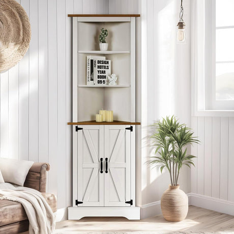 Tall Corner Cabinet, Farmhouse Corner Storage Cabinet with Shelf & Barn Door,