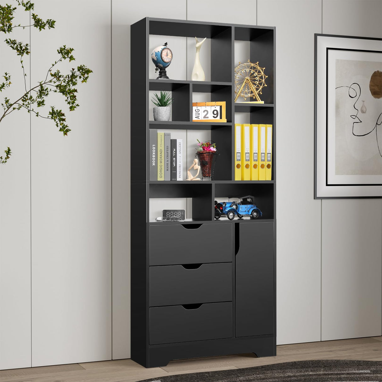 Stylish Black Bookshelf, 71" Tall Bookshelf with Doors and 3 Drawers, Wood Bookshelf