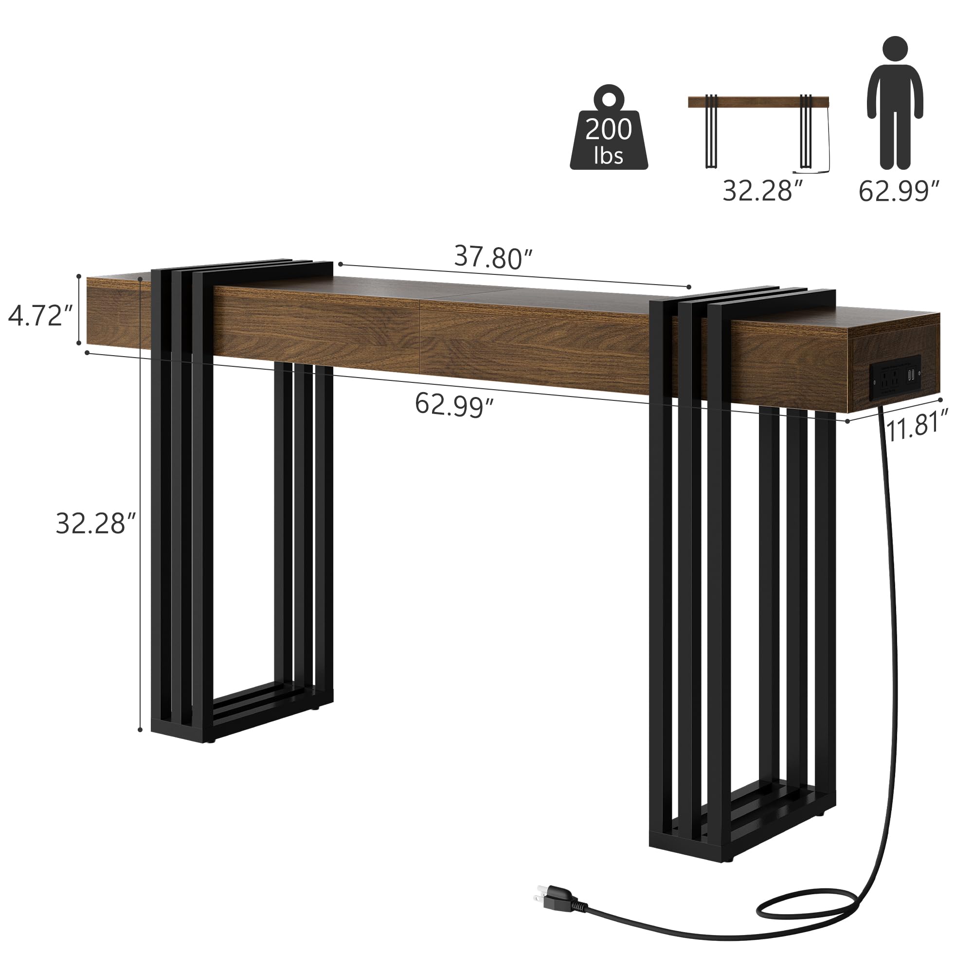 63" Console Table with Power Outlet - Walnut Wood Entryway Table