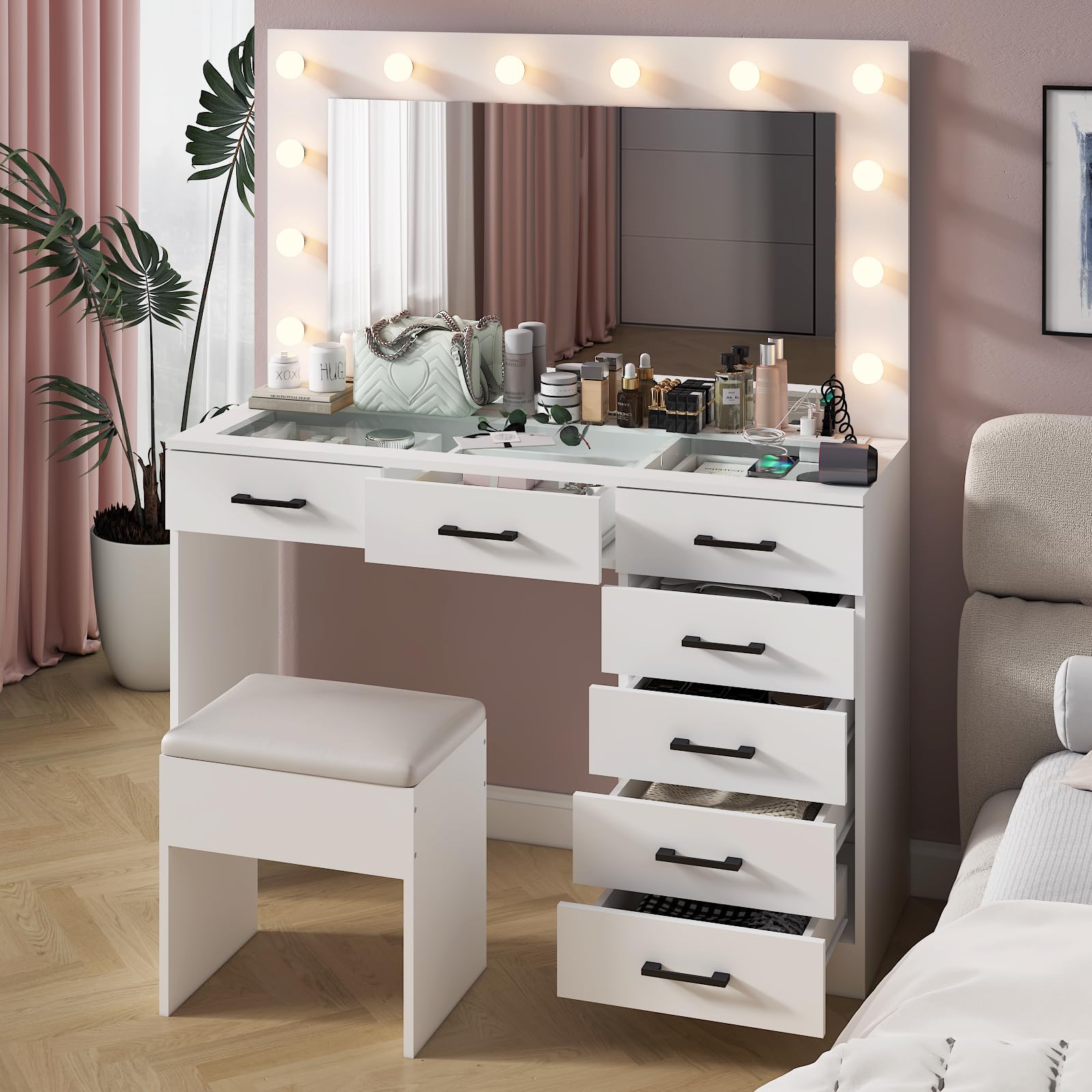 Desk with Large Lighted Mirror & Powre Outlet, Glass Tabletop Makeup Vanity Set with 7 Drawers, 45.3" Vanity Table with 3 Color Lighting Modes, Dressing Table for Women Girls, White