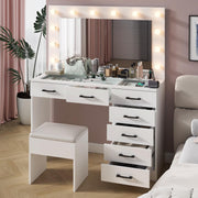 Desk with Large Lighted Mirror & Powre Outlet, Glass Tabletop Makeup Vanity Set with 7 Drawers, 45.3" Vanity Table with 3 Color Lighting Modes, Dressing Table for Women Girls, White
