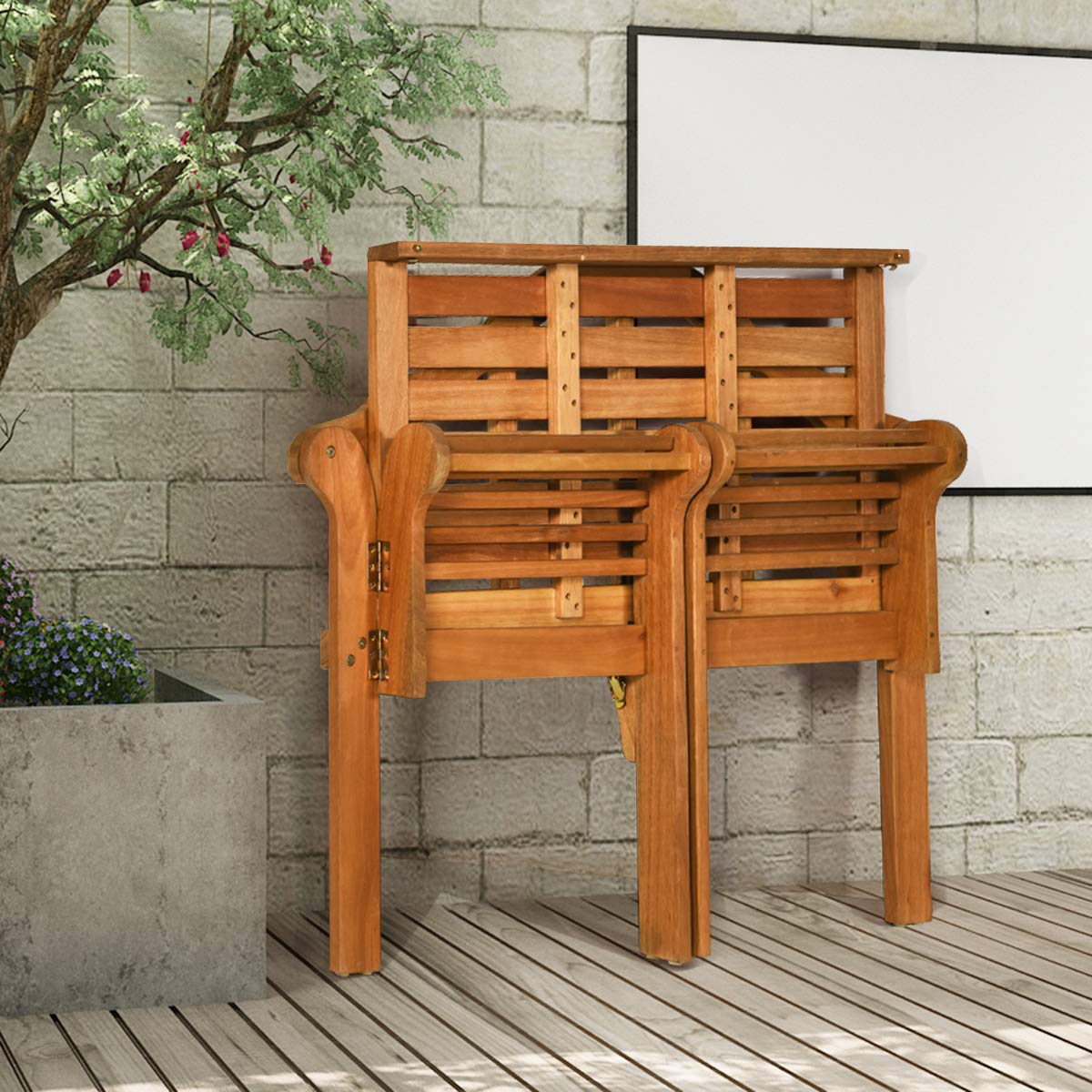 Outdoor Wood Bench, 4 Ft Foldable Eucalyptus Garden Bench, Two Person Loveseat Chair