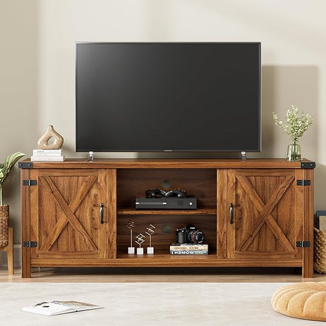 Modern Farmhouse TV Stand with Two Barn Doors and Storage Cabinets for Televisions