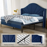 Full Bed Frame with LED Lights - Velvet Blue Upholstered Platform Bed