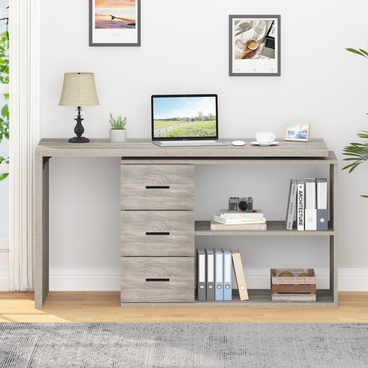 360° Rotating L-Shaped Desk with 3 Drawers and 2 Shelves