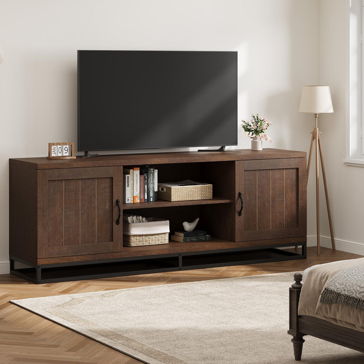 Farmhouse TV Stand for 75-Inch TVs - Walnut Entertainment Center