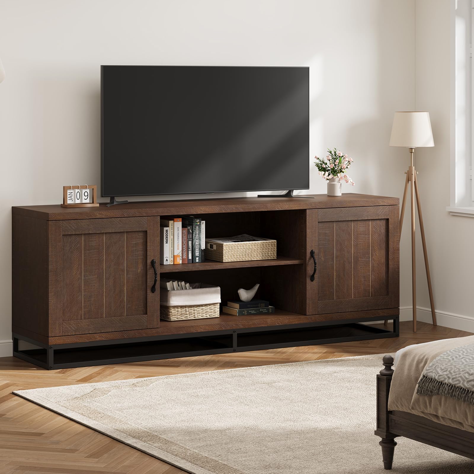 Farmhouse TV Stand for 75-Inch TVs - Walnut Entertainment Center