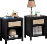 Rattan Nightstands Set of 2, Farmhouse Night Stands with Drawer Bedside Table