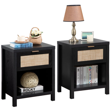 SICOTAS Rattan Night Stands Set of 2, Farmhouse Nightstand Bedside Table with Drawer and Storage Shelf, Boho End Side Table Accent Table for Bedroom,Living Room, Black Oak