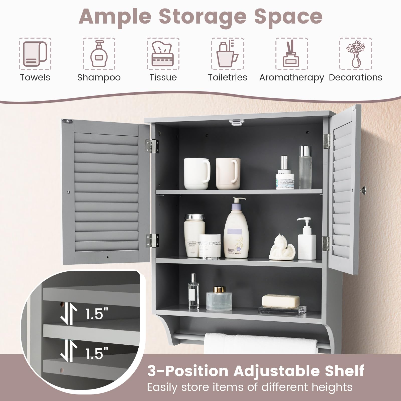 Bathroom Medicine Cabinet, Storage Cabinet with Double Louvered Doors