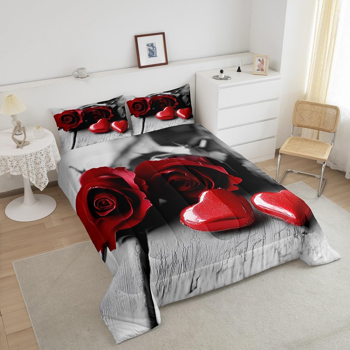 Grey Red Floral Rose King Comforter Set,Gothic Romantic Flower Rose Bedding Set