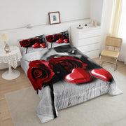 Grey Red Floral Rose King Comforter Set,Gothic Romantic Flower Rose Bedding Set