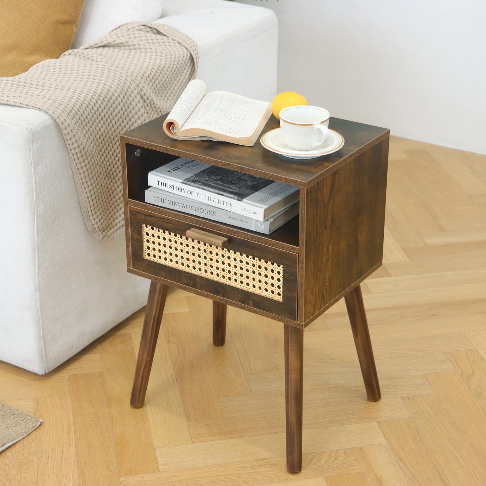 Mid Century Nightstand, Rattan Side Table