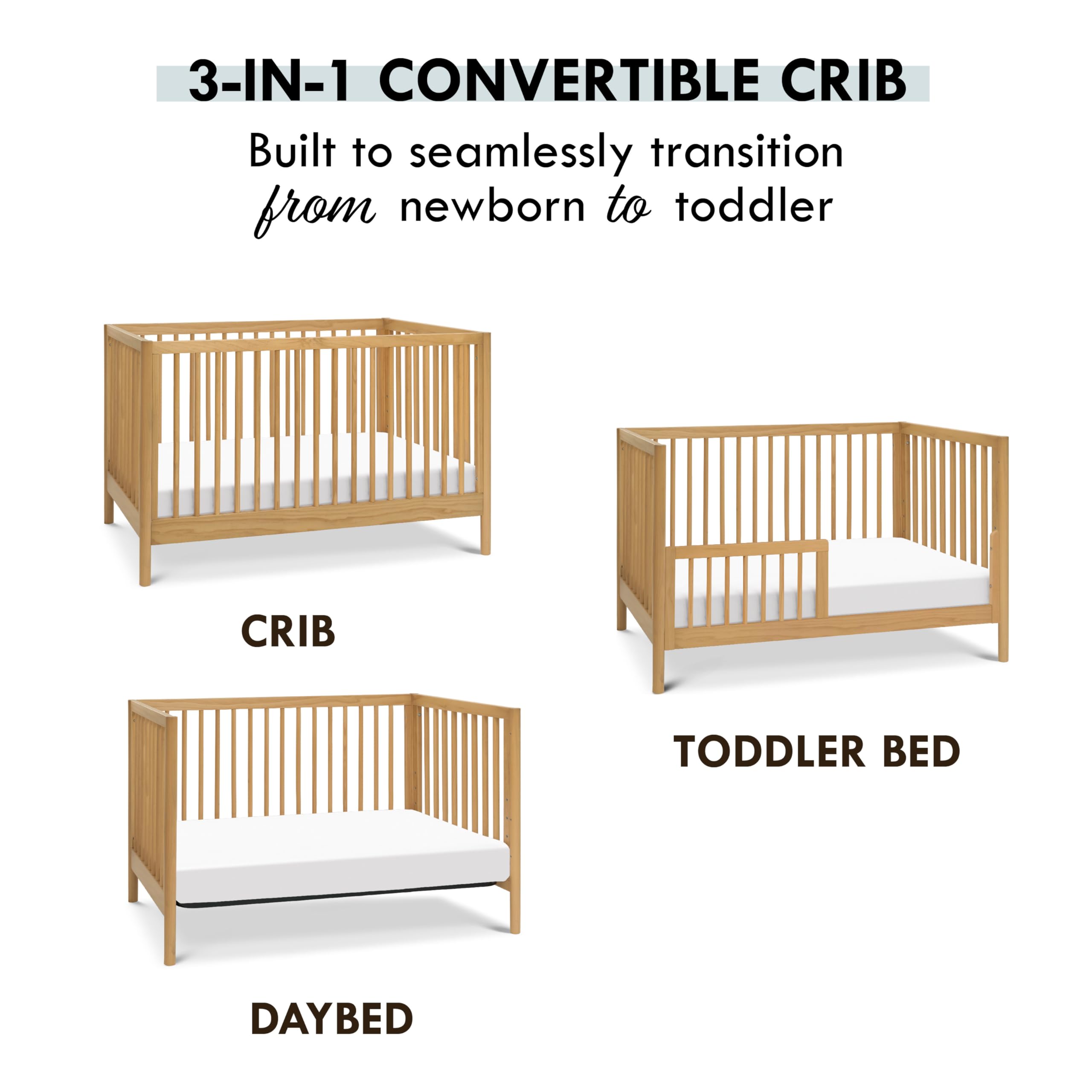 Birdie 3-in-1 Convertible Crib, Honey, Easy Assemble, Greenguard Gold Certified