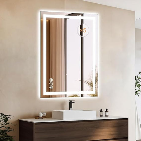 Bathroom Mirror 24 x 36 Inch Anti-Fog Bathroom Mirror with Led Illuminated Mirror, Wall Mounted Lighted Vanity Mirrors for Wall with 3 Colors Dimmable, Touch Switch Smart Mirror