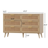 6 Drawer Double Dresser for Bedroom, Rattan Chest of Dressers