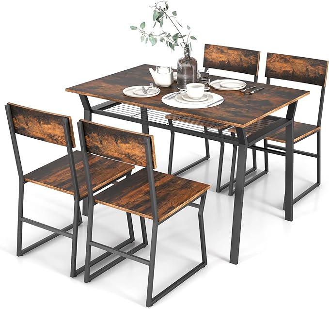 Dining Table Set for 4, 47”L x 28”W Rectangular Kitchen Table w/ 4 Trapezoid Chairs,