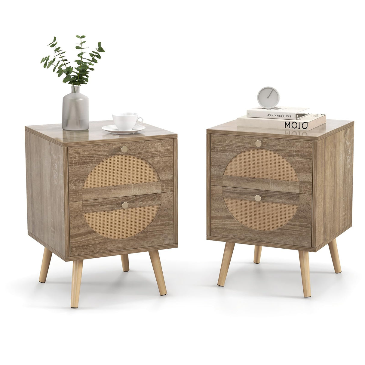 Rattan Nightstand Set of 2, Boho Bedside Tables with 2 Rattan Drawers, Accent End Tables with Pine Wood Legs