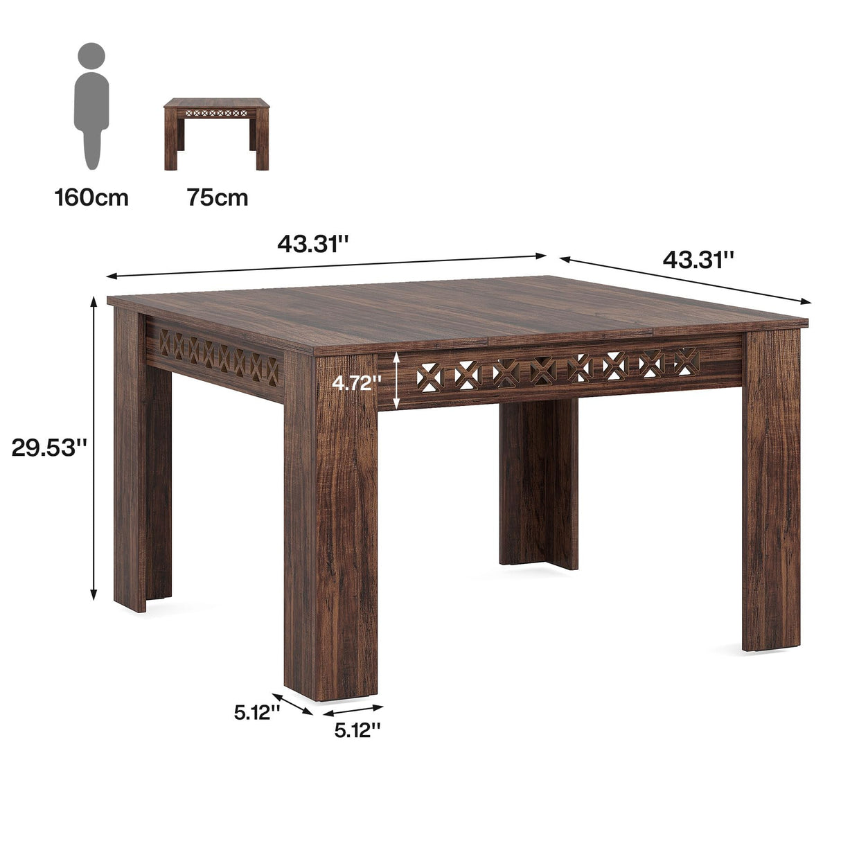 43" Square Dining Table for 4, 2-4 Person Farmhouse Wood Dining Room Table