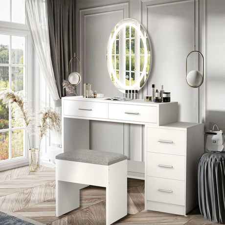 Oval Makeup Vanity Desk with Mirror and Lights, Vanity Mirror with Lights Desk and Chair