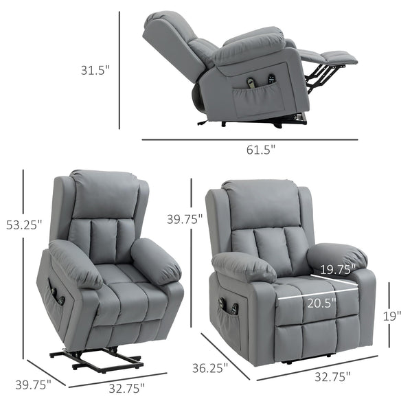 HOMCOM Electric Power Lift Recliner Chair, PU Leather Reclining Chair with Vibration Massage, Heated, Remote Control, Side Pockets, for Elderly, Gray